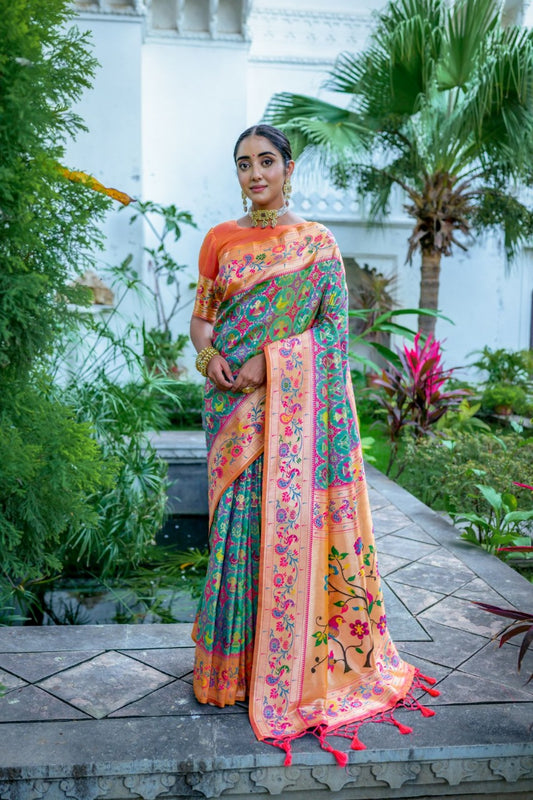 Green & Orange Soft Paithani Silk Saree