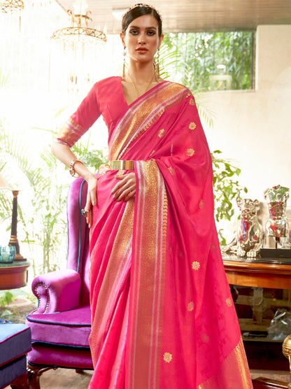 Hot Pink Floral Banarasi Silk Saree