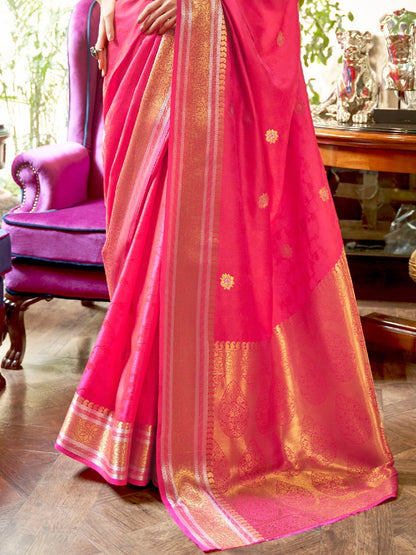 Hot Pink Floral Banarasi Silk Saree