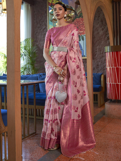 Pink Woven Banarasi Organza Saree