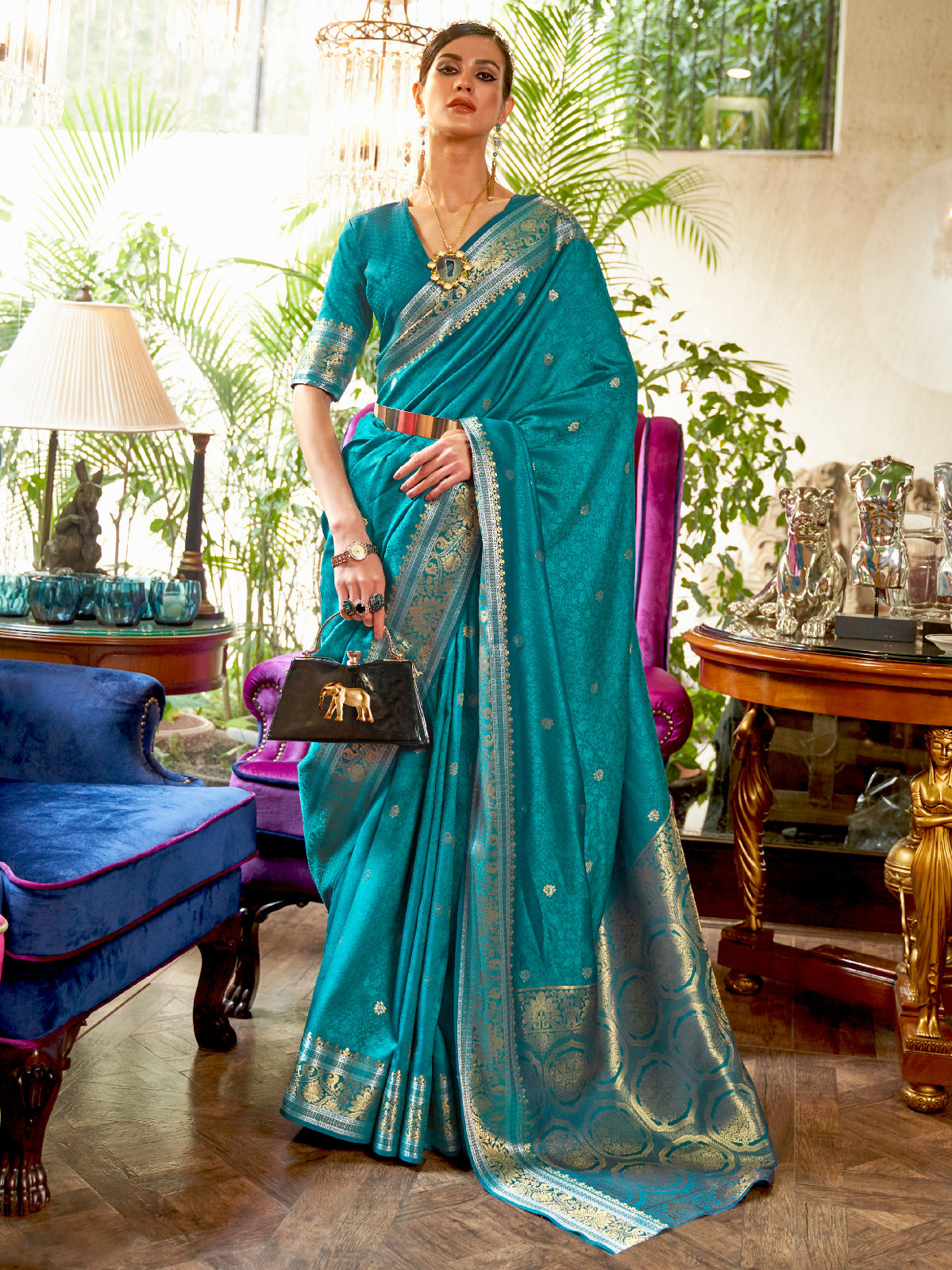 Carolina Blue Floral Banarasi Silk Saree