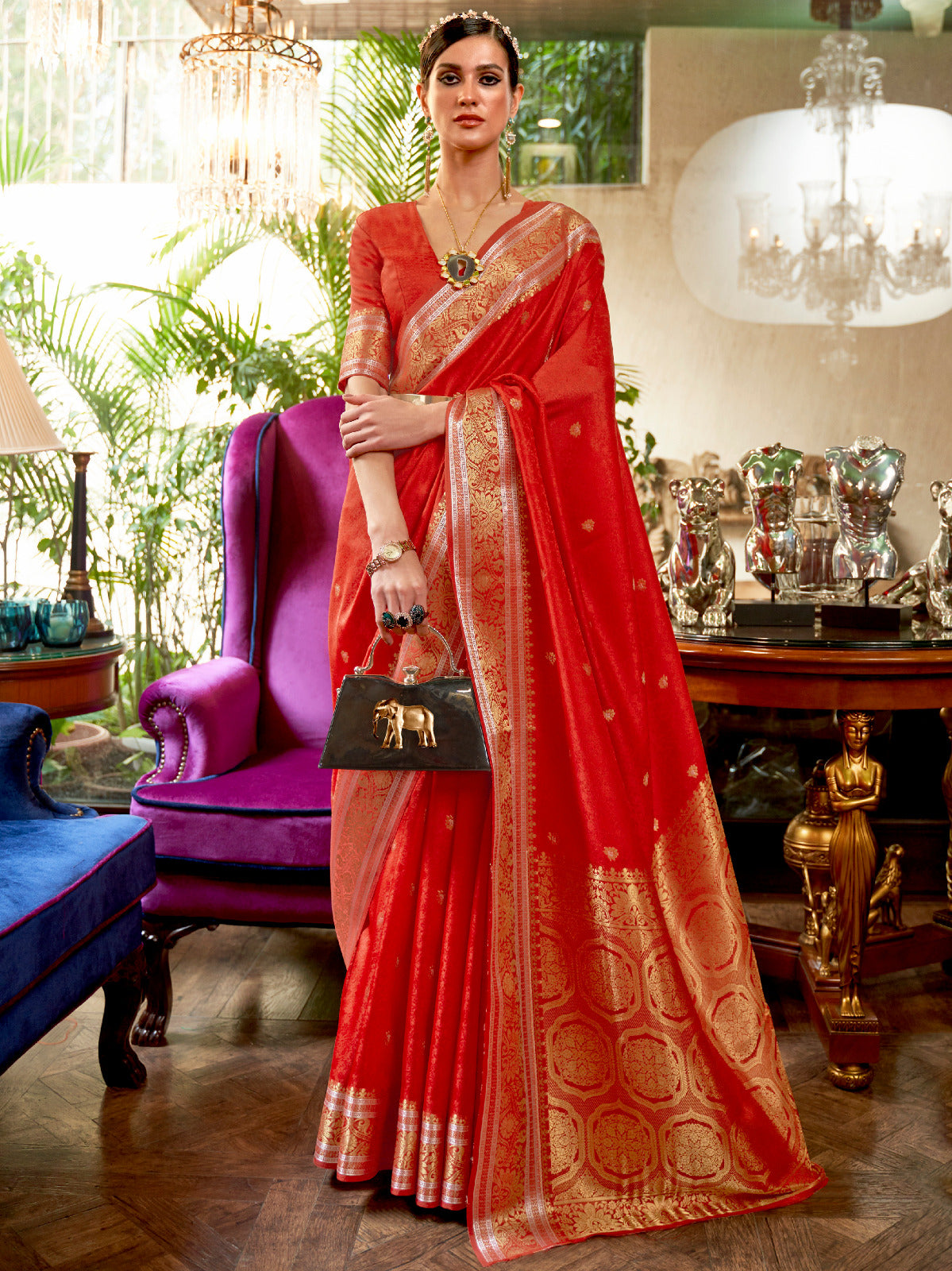 Red Floral Banarasi Silk Saree