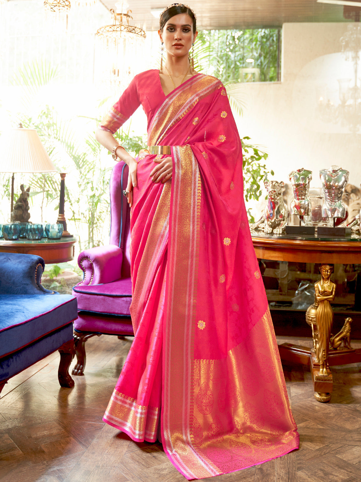 Hot Pink Floral Banarasi Silk Saree