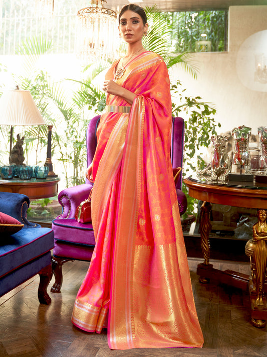 Peach Floral Banarasi Silk Saree