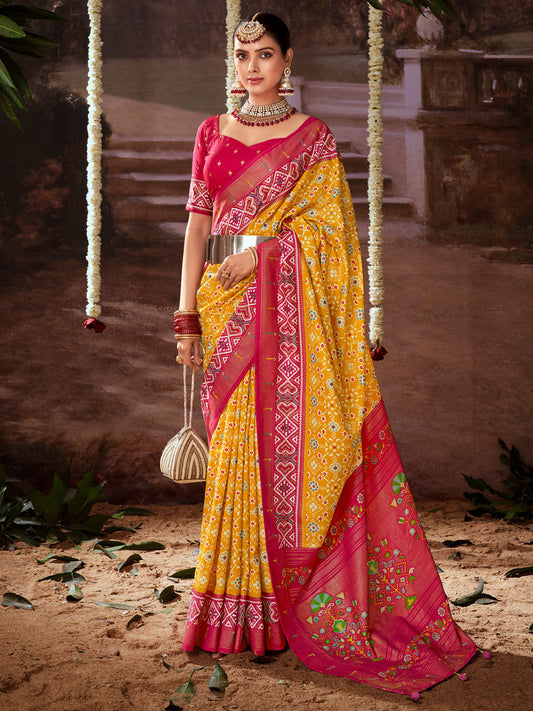 Mustard Yellow Printed Tussar Silk Ikat Saree