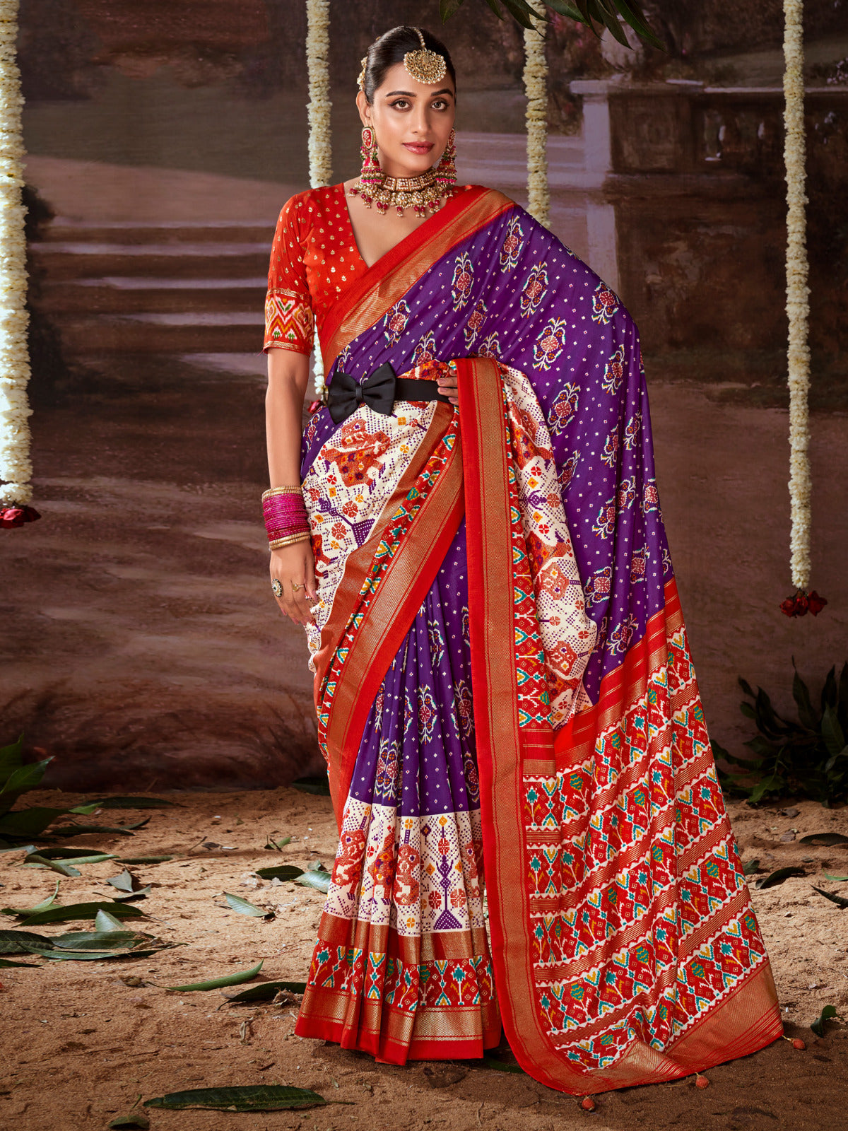 Purple Orange Printed Tussar Silk Ikat Saree