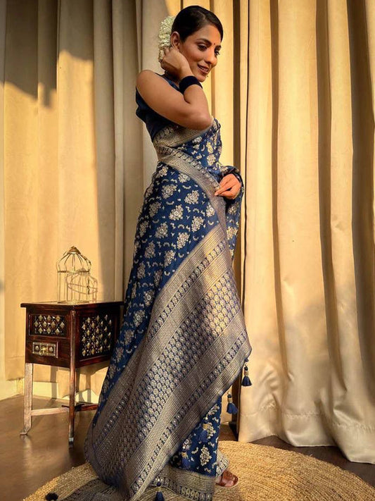 Navy Blue Woven Banarasi Saree