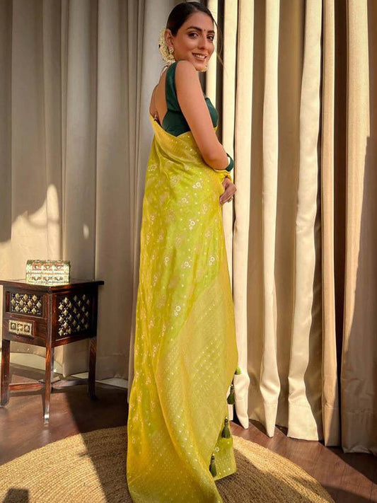 Lime Green Woven Banarasi Silk Saree