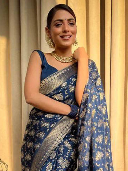 Navy Blue Woven Banarasi Saree