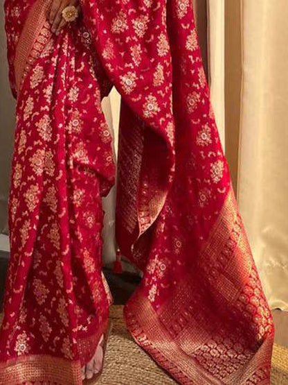 Bright Red Woven Banarasi Silk Saree