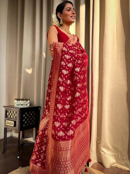 Bright Red Woven Banarasi Silk Saree