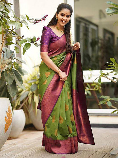 Green & Red Woven Kanjivaram Silk Saree