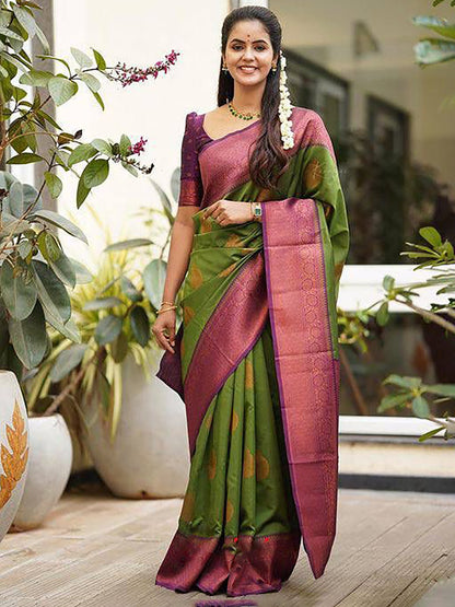 Green & Red Woven Kanjivaram Silk Saree