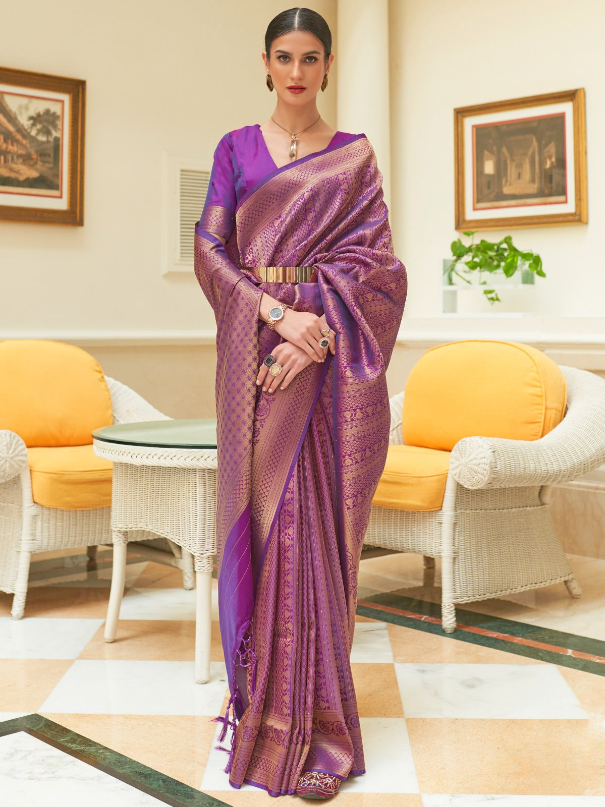 Plum Violet Embroidered Kanjivaram Silk Saree