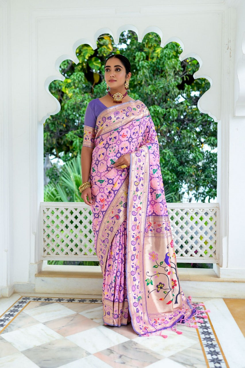 Lavender Soft Paithani Silk Saree