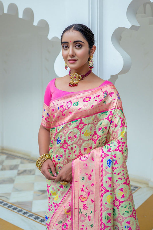 Light Green & Pink Soft Paithani Silk Saree