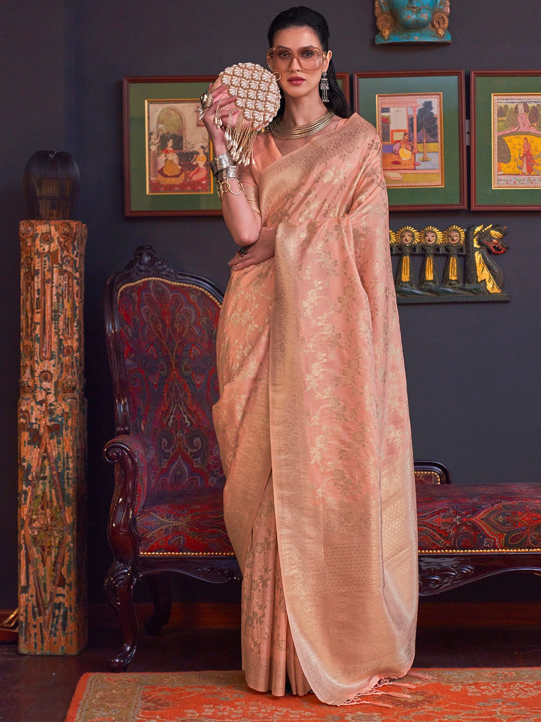 Punch Pink Woven Banarasi Silk Saree