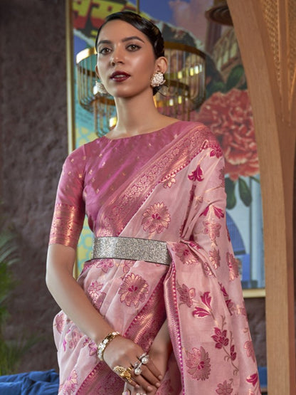 Pink Woven Banarasi Organza Saree