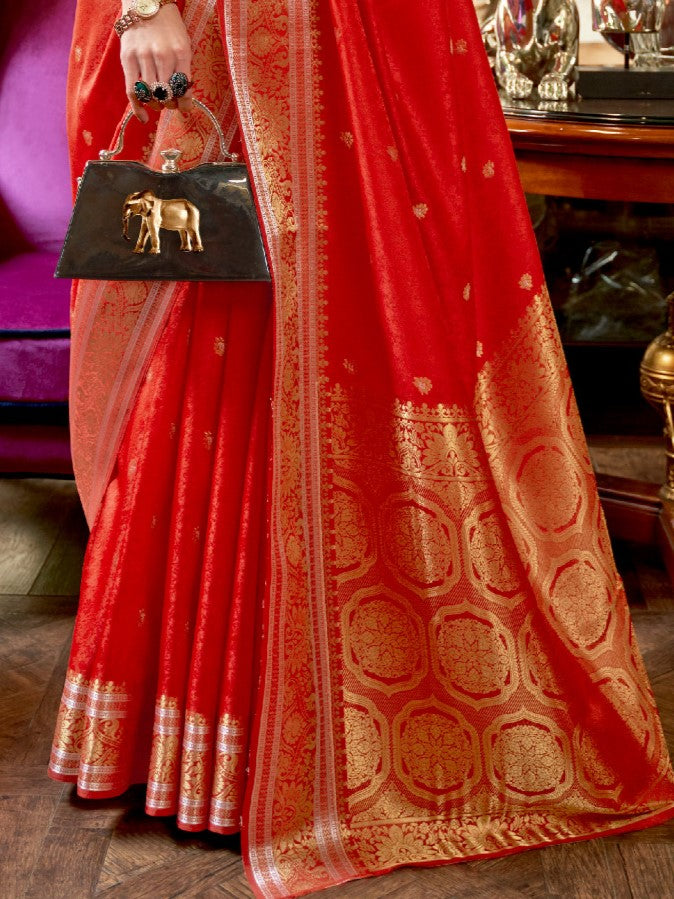 Red Floral Banarasi Silk Saree