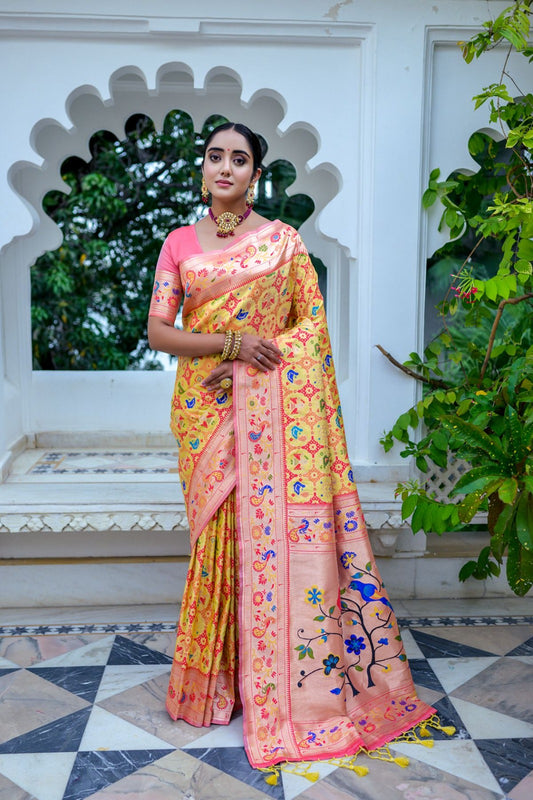 Yellow and Orange Soft Paithani Silk Saree