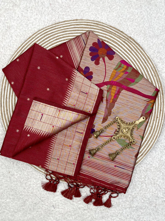 Apple Red Kosa Silk Saree