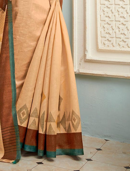 Apricot Orange Printed Bhagalpuri Silk Saree