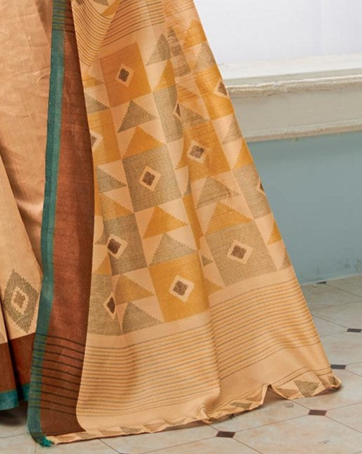 Apricot Orange Printed Bhagalpuri Silk Saree