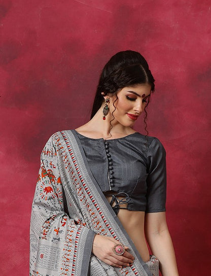 Ash Grey Bhagalpuri Silk Saree