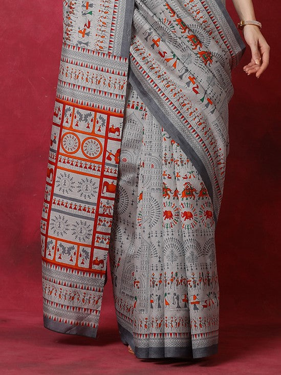 Ash Grey Bhagalpuri Silk Saree