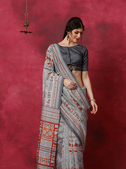 Ash Grey Bhagalpuri Silk Saree