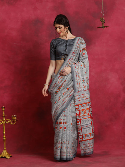 Ash Grey Bhagalpuri Silk Saree