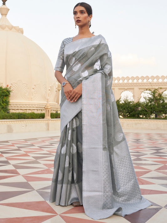 Ash Grey Woven Banarasi Pure Linen Saree