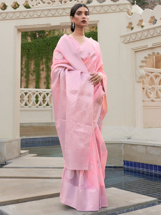 Baby Pink Woven Banarasi Pure Linen Saree