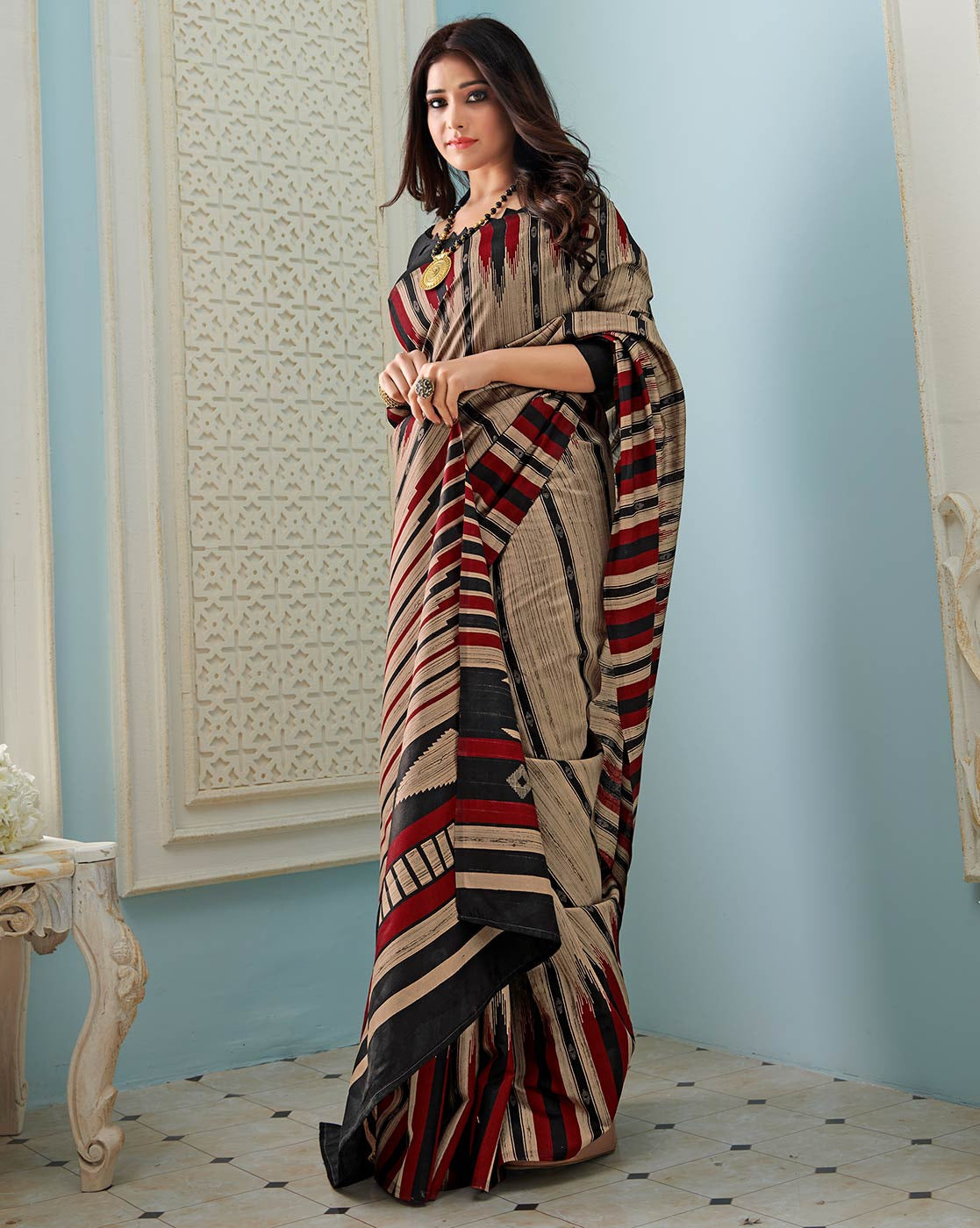 Beige Printed Bhagalpuri Silk Saree