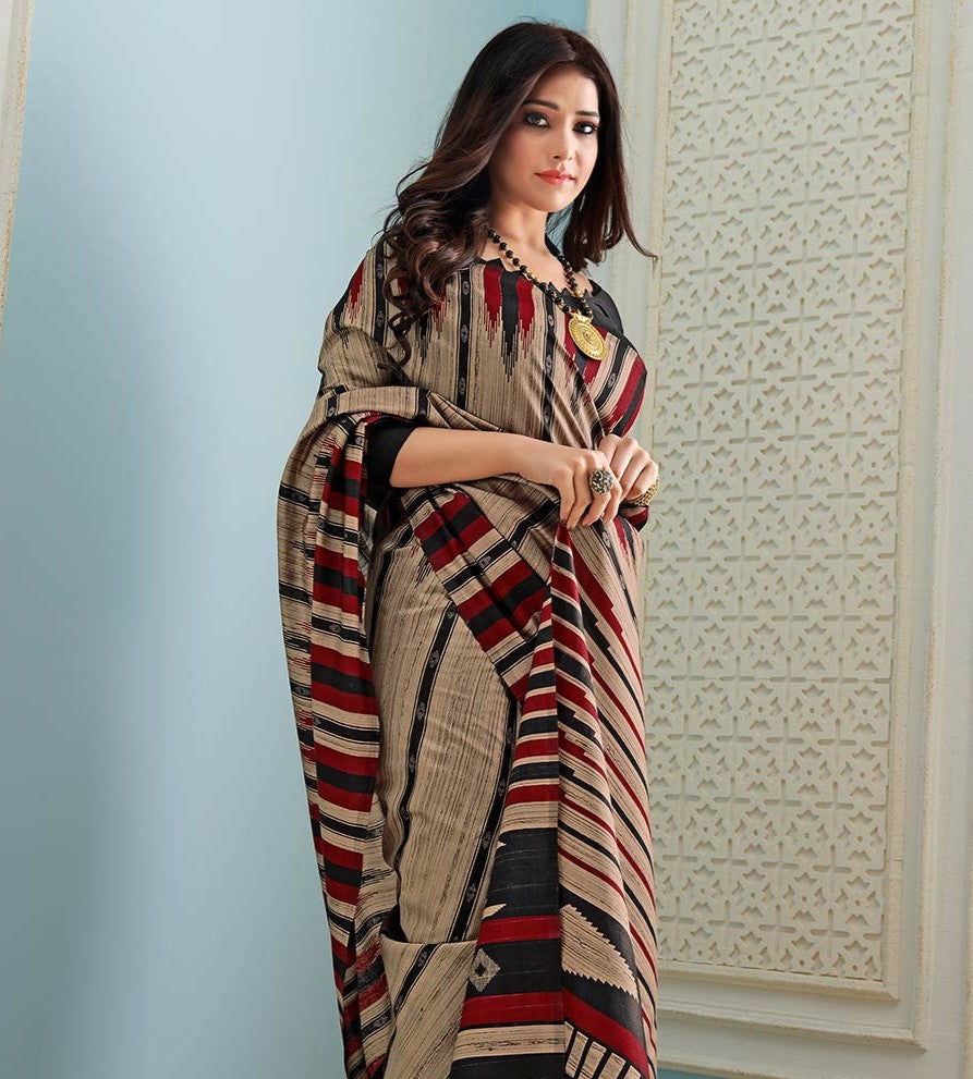 Beige Printed Bhagalpuri Silk Saree