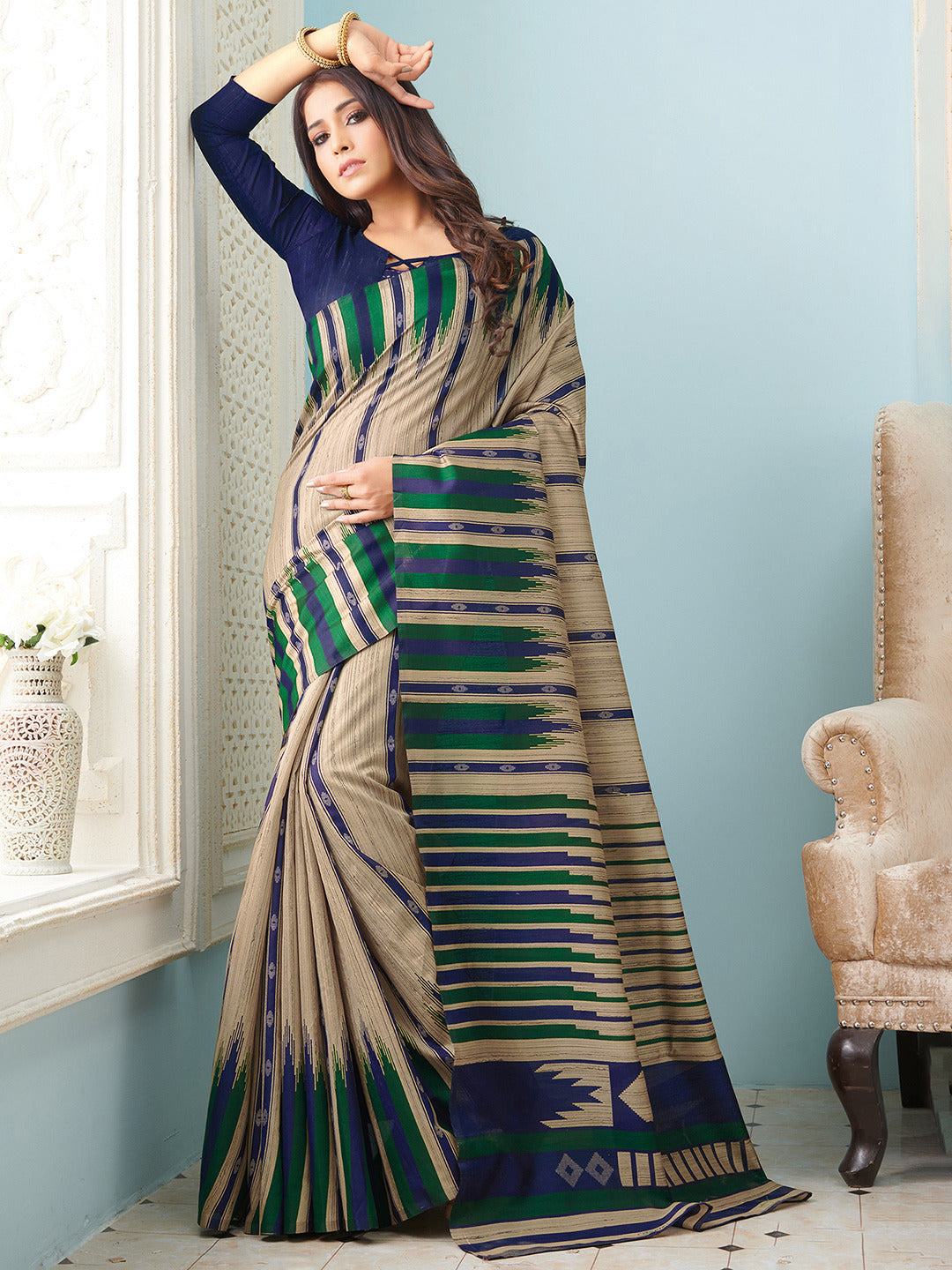 Beige & Green Printed Bhagalpuri Silk Saree