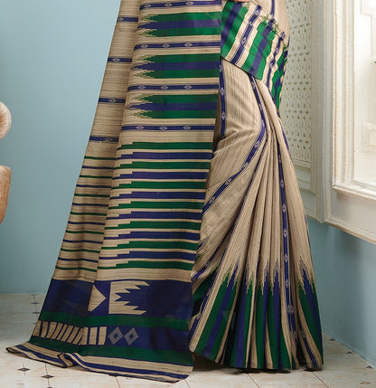 Beige & Green Printed Bhagalpuri Silk Saree