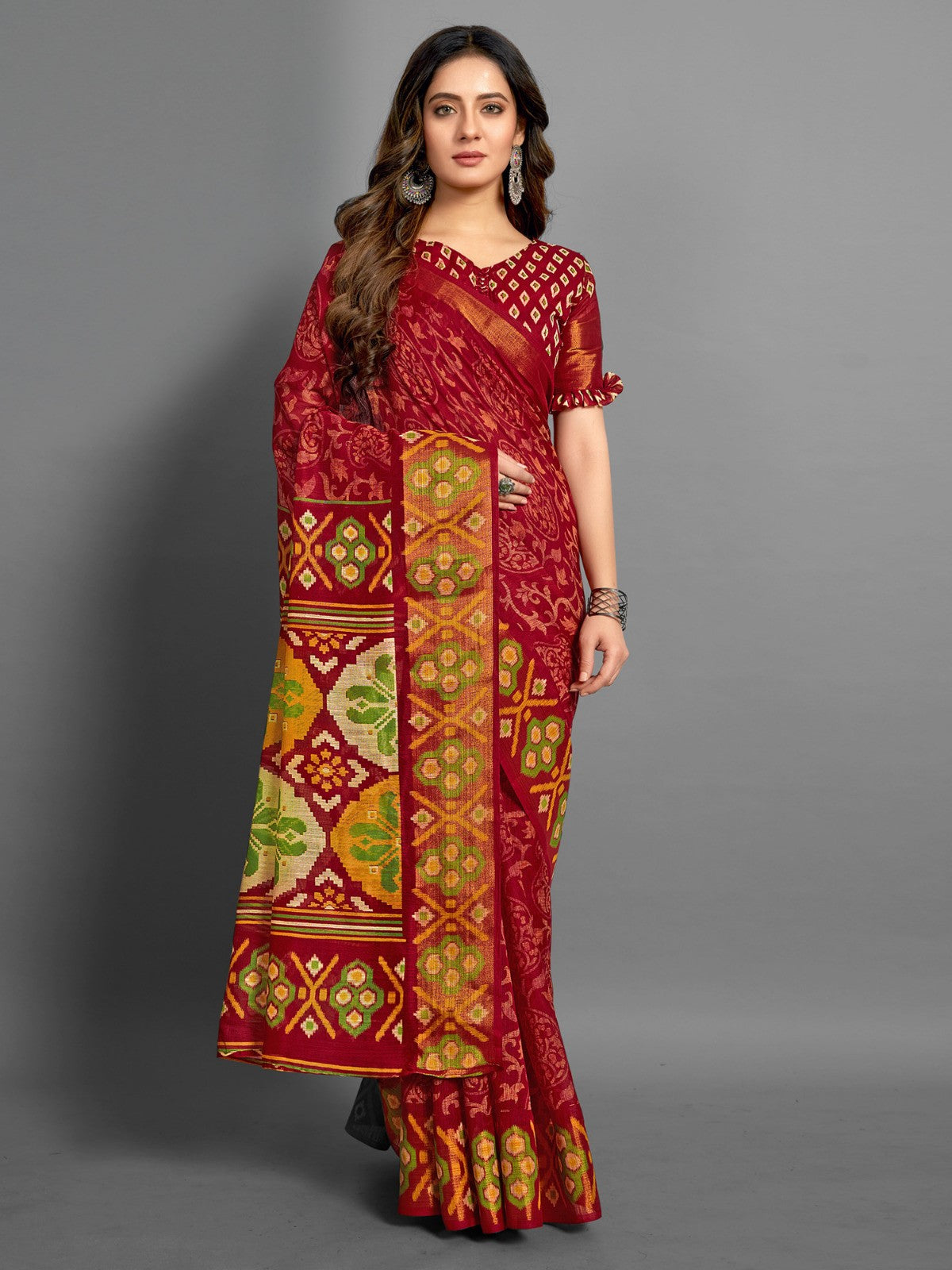 Berry Red Printed Sungudi Cotton Saree