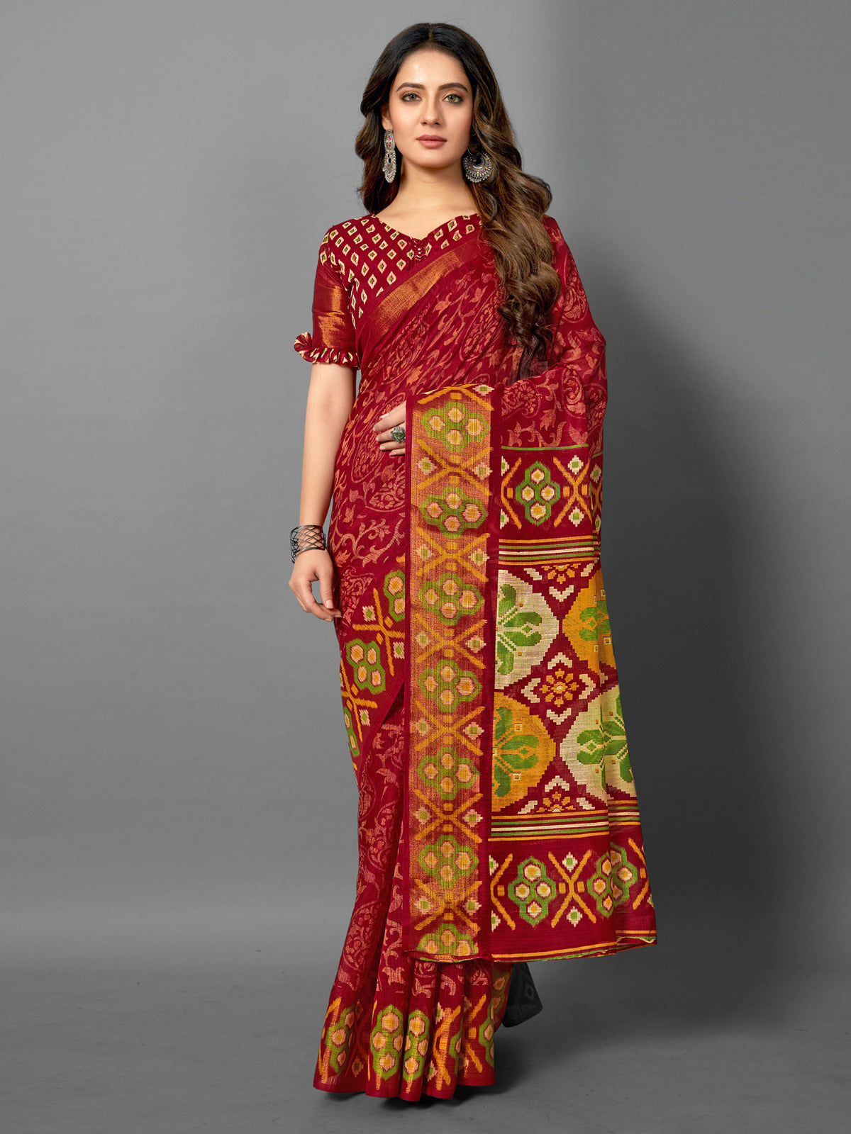 Berry Red Printed Sungudi Cotton Saree