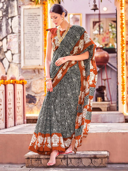 Black Printed Bagh Silk Saree