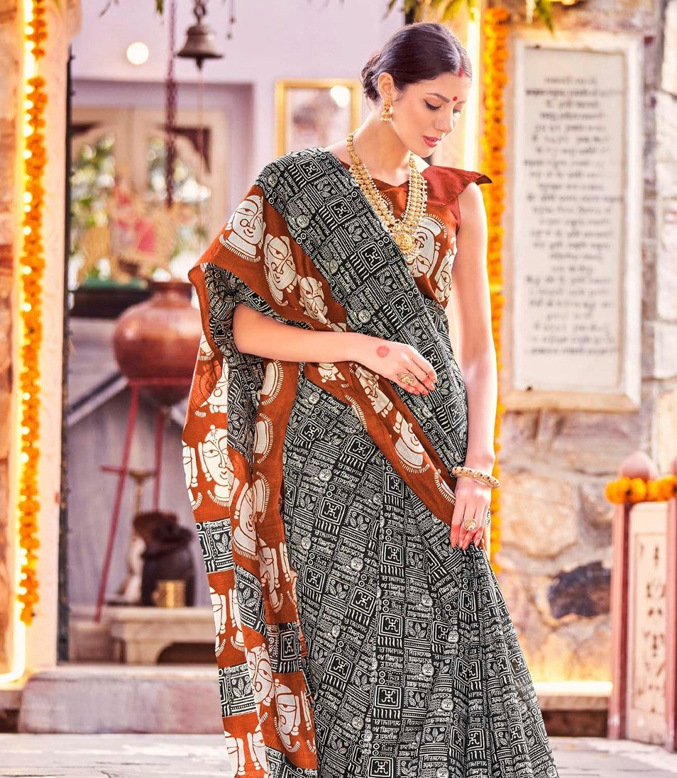 Black Printed Bagh Silk Saree