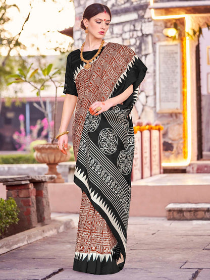 Black & Red Printed Bagh Silk Saree