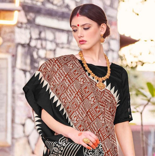 Black & Red Printed Bagh Silk Saree