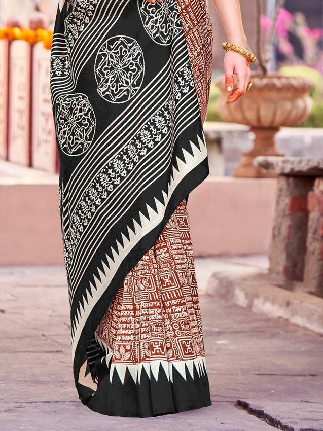 Black & Red Printed Bagh Silk Saree