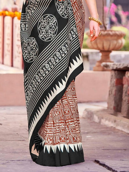 Black & Red Printed Bagh Silk Saree