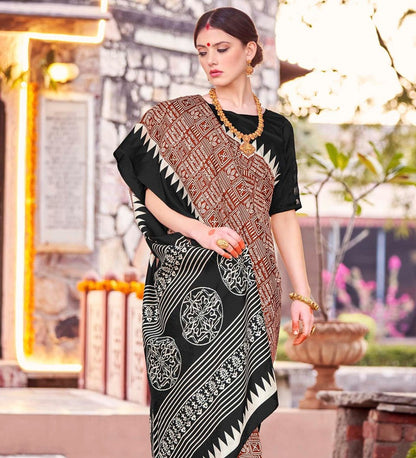 Black & Red Printed Bagh Silk Saree