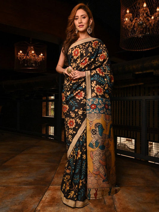 Black Floral Printed Cotton Linen Saree