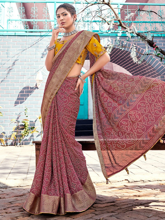 Brick Red Bandhani Georgette Saree