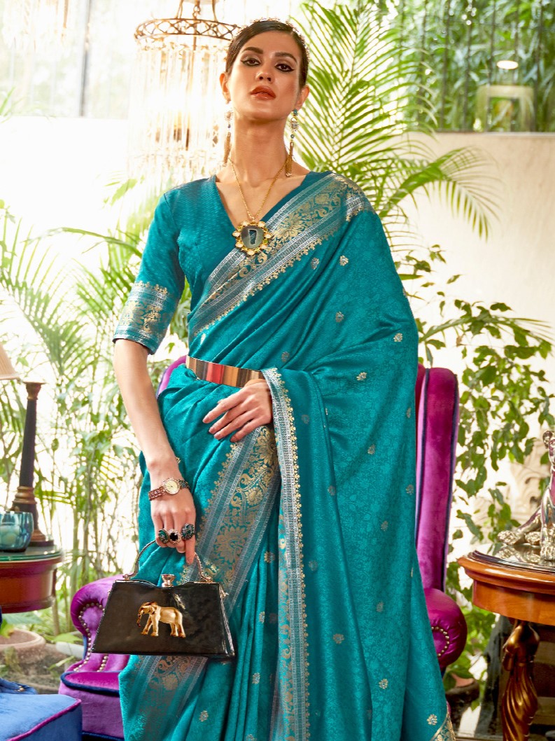 Carolina Blue Floral Banarasi Silk Saree