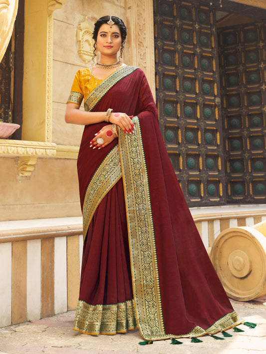 Cherry Red Vichitra Silk Silk Saree